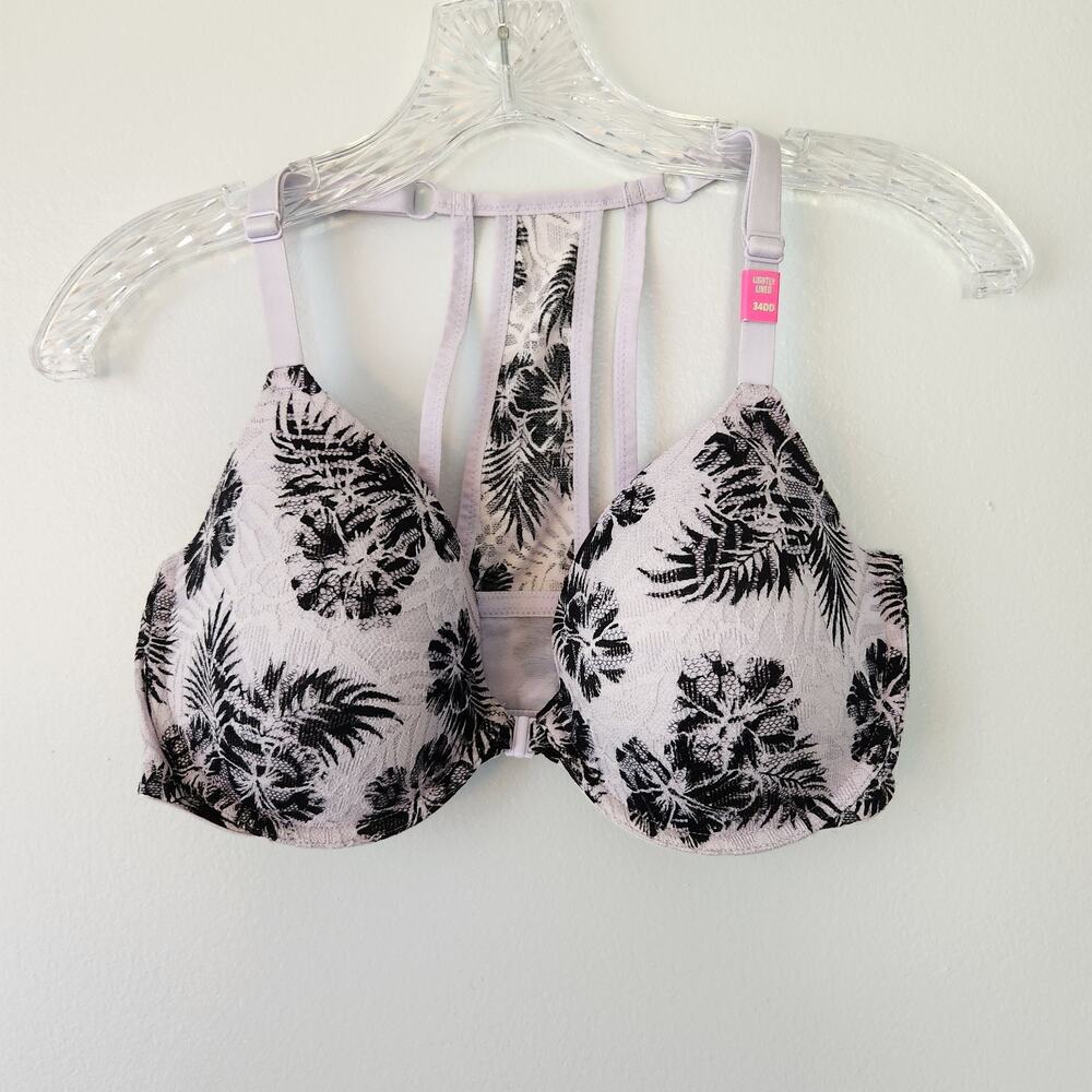 Victoria's Secret Pink Underwire Bra 34DD Gray Black Lace Padded Rackerback Edgy
